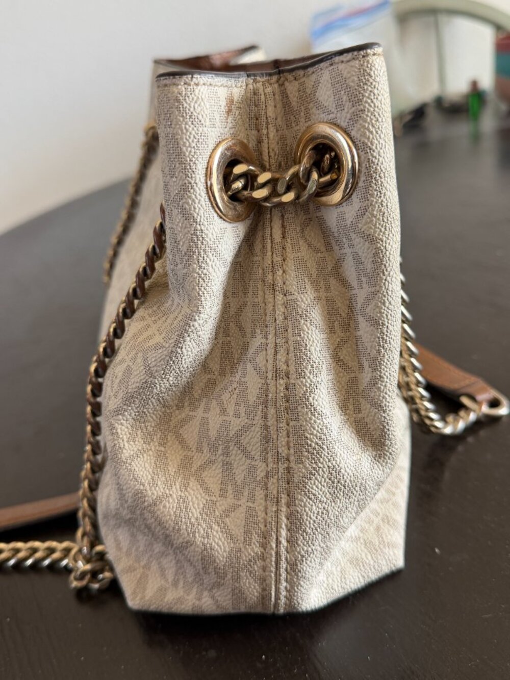 Michael Kors Jet Set Travel MK Monogram Chain Tote Shoulder Bag Vanilla Brown - Picture 6 of 16